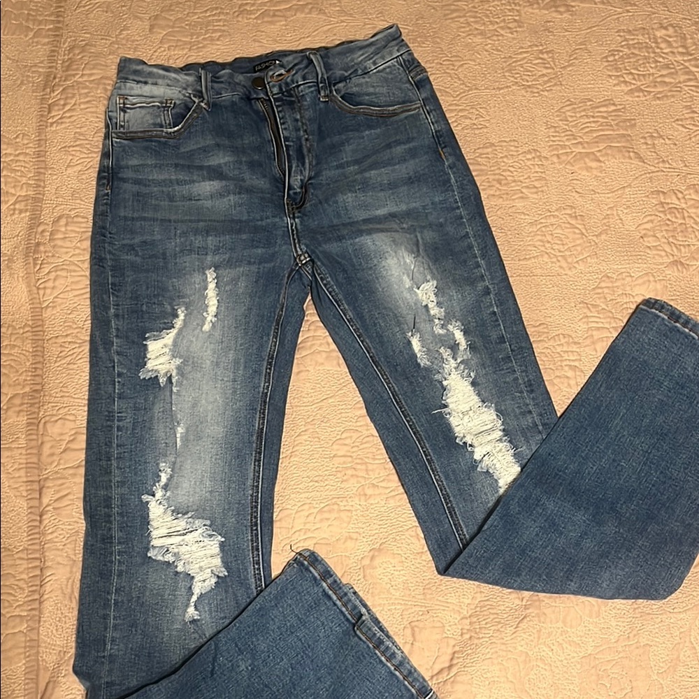 Fashion Nova Blue Straight Leg Jeans with Distressed Details